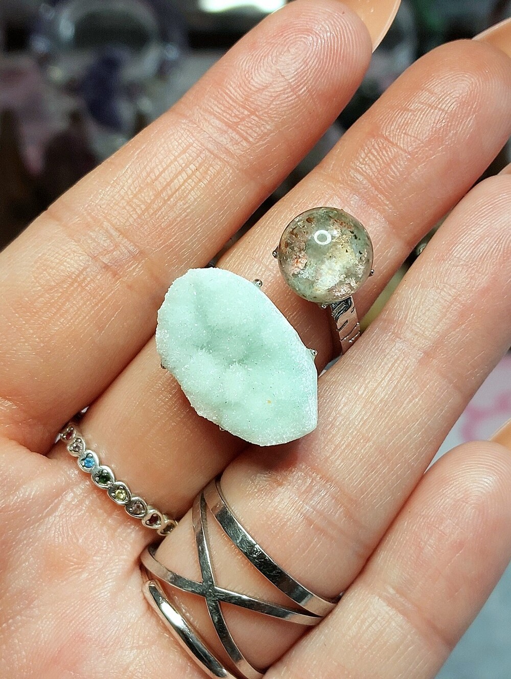 ⚒️ Hemimorphite & Garden Quartz Raw Natural Copper Specimen Ring